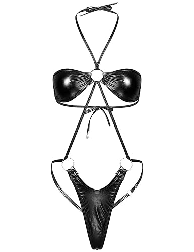 Freebily Womens Metallic Cheeky Trikini Bodysuit Halter Neck Slingshot Micro Bikini Swimsuit - One Size - Black