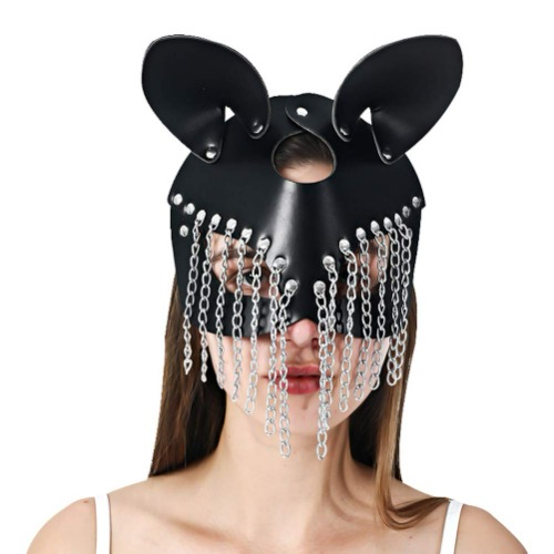 Black Leather Cat Woman Mask Masquerade Adjustable Head Mask,Cat Ears with Rivets Metal Tassel for Carnival Party Costume - 