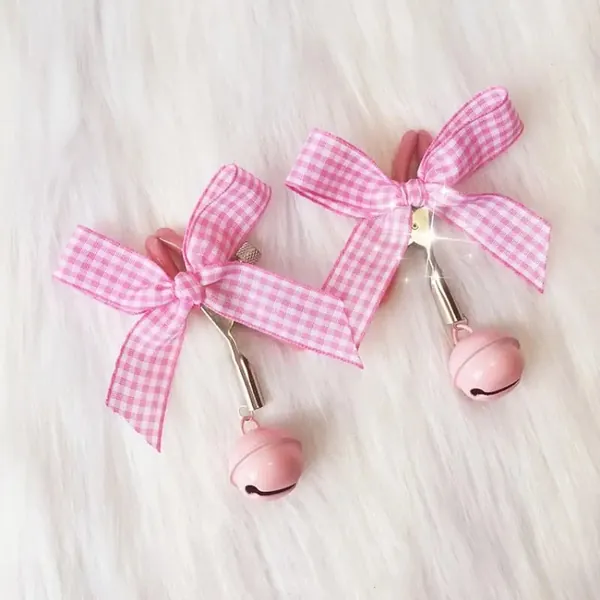 Adorable Nipple Clamps with Jingly Bells and Plaid Ribbons - Pink