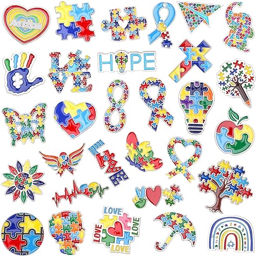 SANNIX 60Pcs Autism Awareness Pins, Autism Lapel Pin Autism Puzzle Enamel Brooch Badge fo Autism Awareness Support Events Clothing Bag Hat Accessories, 30 Styles - Autism Awareness