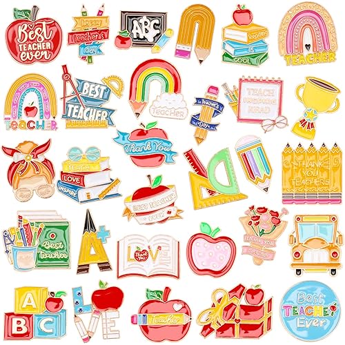 SANNIX 60Pcs Teacher Pins, Appreciation Gifts Enamel Teacher Lapel Pins Back to School Pencil Book Blackboard Pin Badge Appreciation Brooch Pins for Clothes Bags Hats Accessories, 30 Styles - Teacher Pins