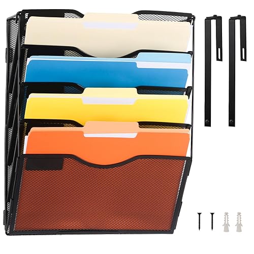 EASEPRES 5 Pocket Mesh Hanging Wall File Organizer with Hangers & Nametag Label, Wall Mounted Mail Paper Document Folder Holder, Clipboard Storage Organization Magazine Rack for Office Cubicle, Black - 5 Tier with Hanger
