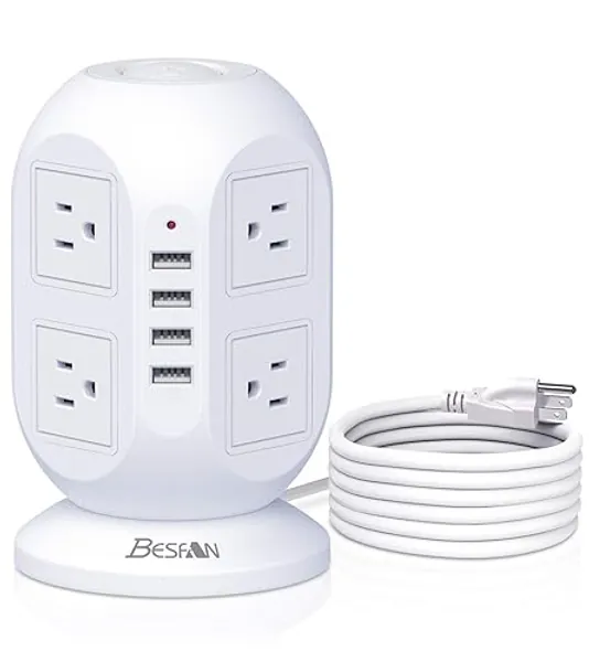 Tower Surge Protector Power Strip, BESFAN 10 Ft Extension Cord with Multiple Outlets, 1050J Surge Protector, 8 Outlets 4 USB Ports Charging Station for Home Office Supplies Desk Accessories - White