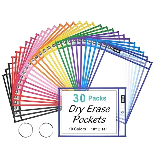 SUNEE 30 Packs Oversized Reusable Dry Erase Pocket Sleeves with 2 Rings, 10 Assorted Colors 10x14 Ticket Holders, Clear Plastic Sheet Protectors, Teacher School Classroom Supplies - 30