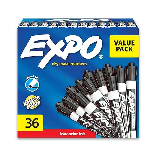 EXPO Dry Erase Markers, Chisel Tip, Black, Low-Odor, Pack of 36, Perfect for Whiteboards, Non-Porous Surfaces & Home Offices - 36 Count (Pack of 1) - Erase Markers