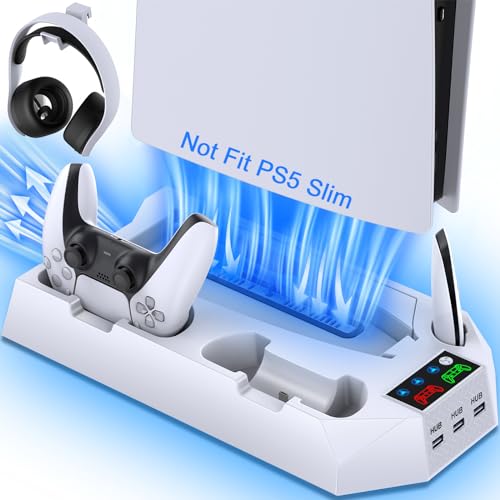 PS5 Stand and Cooling Station with Dual Controller Charging Station for Playstation 5 Console, PS5 Accessories Incl. Controller Charger, Cooling fan,Headset holder (Not Fit 2023 PS5 Slim Disc&Digital) - White