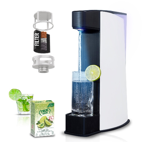 Carbon8 - One Touch Sparkling Water Maker + Filter & Lemon8 - White - Black