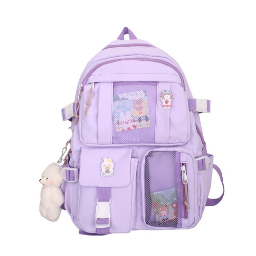 DKIIL NOIYB Kawaii Rugzak met Kawaii-speldjes en -accessoires, grote inhoud, schattig beertje, accessoires, rugzak voor school, meerdere vakken, Kawaii-handtas Japanse schooltas voor tienermeisjes, 40 x 30 x 11 cm - Paars