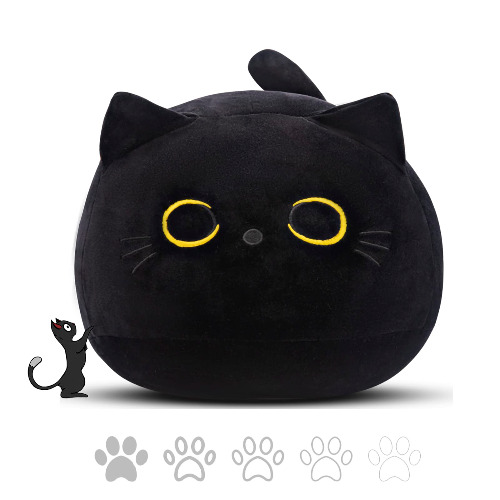 Tittaty Kattenkussen kat leuke pluche dier zacht knuffeldier hoofdkussen pluche pop Kerstmis verjaardagsfeest geschenken decoratie (Zwart)