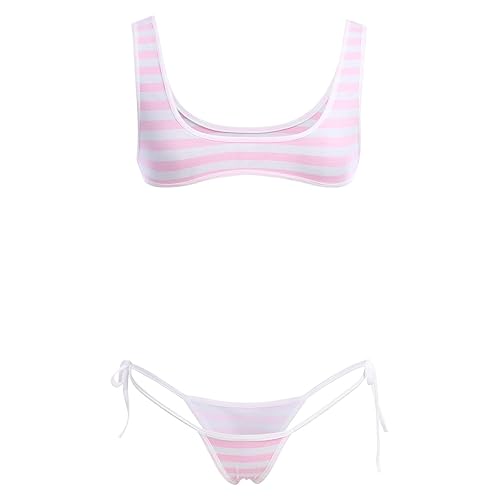 ABAFIP Women Cute Kawaii Striped Bikini Lingerie Set Micro Tiny Bra G-String Panty/Garter Belt 2Pcs / 3Pcs Underwear - One Size - Light Pink - 2pcs