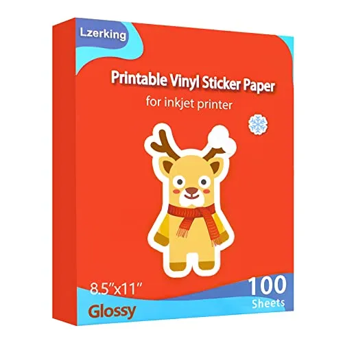 Lzerking Printable Vinyl Glossy Sticker Paper for Inkjet Printer 100 Sheets White Waterproof Self-Adhesive Sheets 8.5x11 Inches - 100