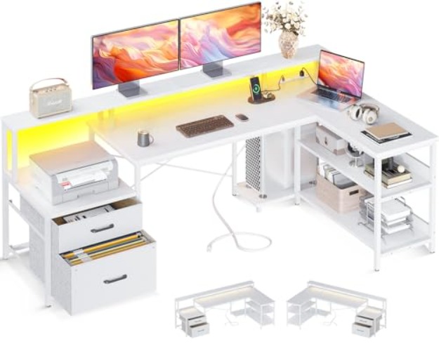 ODK L Shaped Desk with File Drawer, 75" Reversible L Shaped Computer Desk with Power Outlet & LED Strip, Home Office Desk with Storage Shelves, Gaming Desk with Monitor Shelf, Corner Desk, White - 75 Inch - White