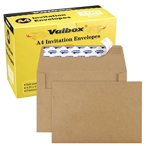 ValBox A4 Photo Envelopes 100 Qty 4 x 6 Brown Kraft Paper Envelopes Self Seal for 4x6 Cards, Photos, Weddings, Invitations, Baby Shower, 4.25 x 6.25 Inches (A4)