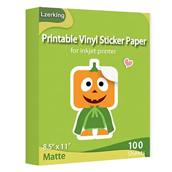 Lzerking Printable Vinyl Sticker Paper for Inkjet Printer 100 Sheets Matte White Waterproof 8.5x11 Inches