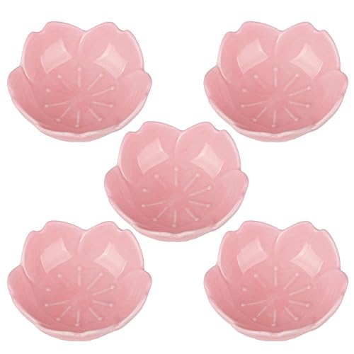Pink Cherry Blossom Dish Set, Cute Pink Ceramic Plates, Sauce/Seasoning Dish, Sushi Dishes, Soy Dipping Bowl, Dessert, Appetizer Plates, Serving Dish for Kitchen Home – Set of 5 - Pink