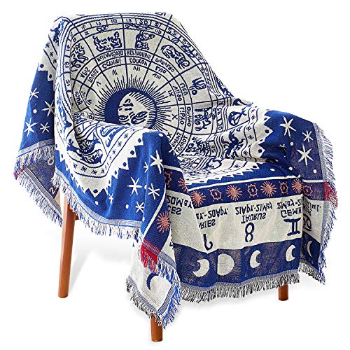 MayNest Boho Woven Throw Blanket Reversible Cotton Bohemian Tapestry Hippie Room Decor Witchy Astrology Zodiac Celestial Constellation Carpet Bed Chair Couch Sofa Cover Double Sided (Blue, S: 71x51) - Blue - S (L71" x W51")