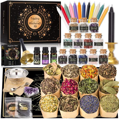[Upgraded] Witchcraft Supplies Witch Stuff Spell Kit, 61 PCS Wiccan Supplies and Tools, Witch Gift Wiccan Starter Kit Altar Supplies Pagan Decor Include Dried Herb Crystal Candle Amethyst Black Salt - 59PCS-Golden Kit