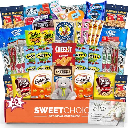 Easter Care Package (45ct) - Candy Snacks Treats Plush Bunny Cookies Gift Box Bundle Basket Fillers Stuffers Present Kids Adults Boys Girls College Student Child Grandchildren Toddlers - Easter 45 Pack