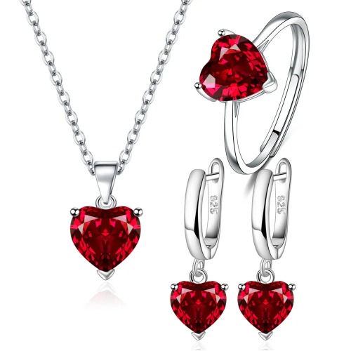 Sterling Silver Heart Zircon Jewelry Set - Red