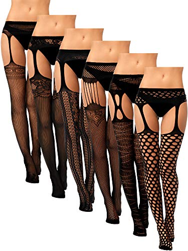 Geyoga 6 Pairs Valentine's Day Women Fishnet Stockings Black Lace Fishnet Tights Stocking Tights Ladies Stockings Suspender Tights for Women - M-L - Classic Style