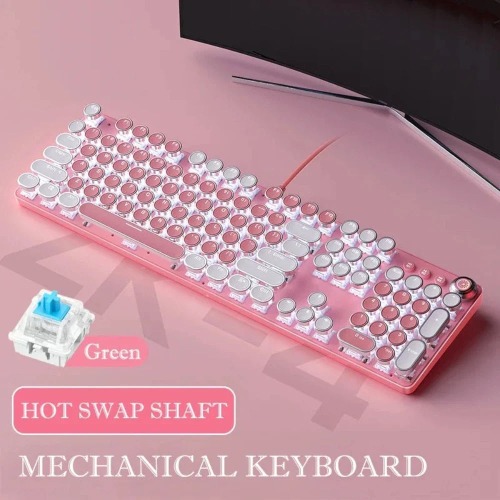 Pink and Sky Blue Theme Retro Mechanical Wired Keyboard - Pink / 2