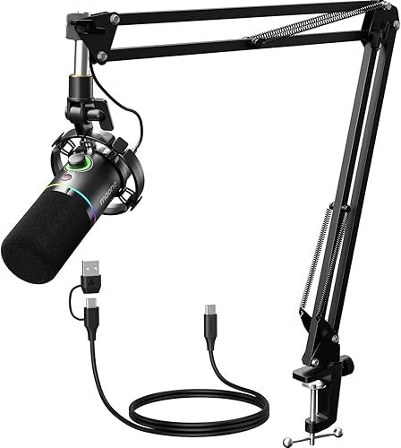 MAONO XLR/USB Microfono dinamico, microfono podcast con braccio, software, pulsante mute, controllo guadagno, per pc gaming, streaming, registrazione, PS4/5 Mac Mixer ecc. PD200XS Nero - microfono con braccio - Nero