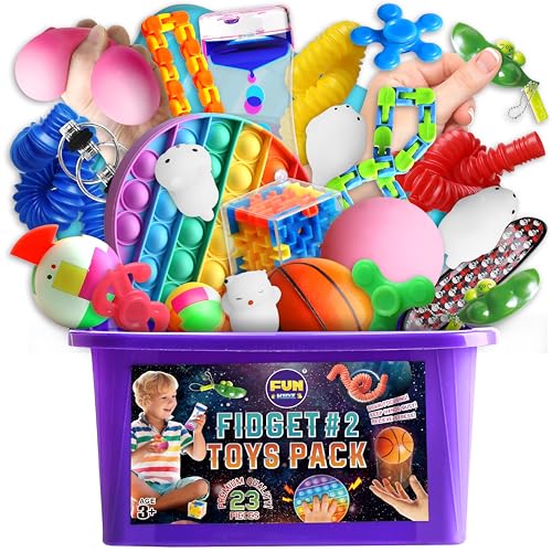 Fidget Pack Box for Boys Girls 4-12, FunKidz Fidget Toys for Kids 5-7 Autistic Sensory Mystery Birthday Gifts in Reusable Portable Treasure Box Nice Party Favors