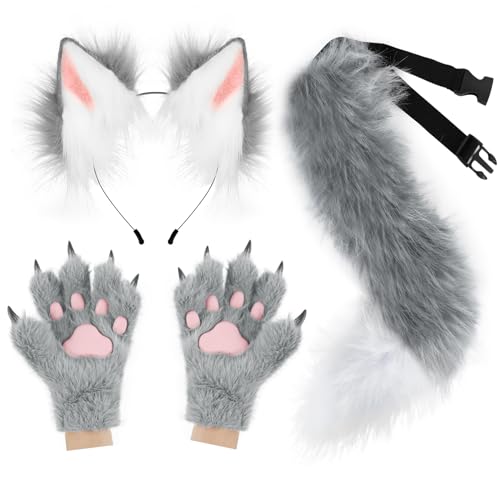 COSYEARS Fox Wolf Ears Headband Furry Tail Plush Paw Gloves Set Cosplay Costume for Halloween Christmas Carnival Fancy Party - Gray