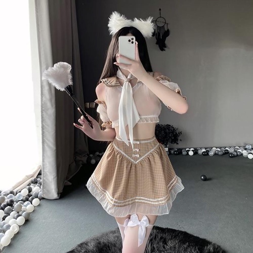 Adorable Schoolgirl Lingerie Set: See-Through Top and JK Plaid Skirt - Costume+Headgear+Stockings / L