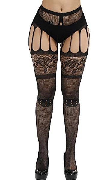 E-Laurels Womens High Waist Patterned Fishnet Tights Suspenders Pantyhose Thigh High Stockings Black