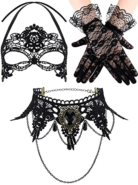 Women Bodystocking Set, Black Choker Necklace, Eye Cover and Lace Gloves for Women