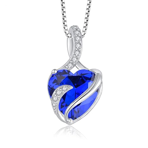 FJ Necklaces for Women 925 Sterling Silver Heart Birthstone Pendant Necklace Jewellery Gifts for Women Girls - 09 September - Sapphire