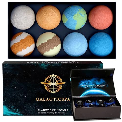 Galacticspa Planet Themed Bath Bombs / 8 x 60g Handmade Luxury Bubble Bath Fizzer Set/Non-Staining, Vegan, Cruelty-Free/Spa Gift for Men, Women and Kids - Planet Bath Bombs