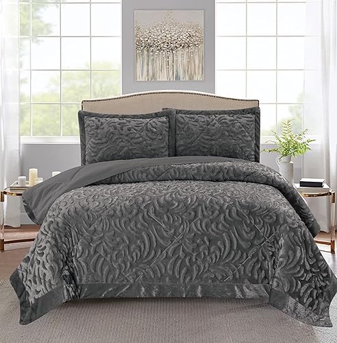 Super Soft Velvet Quilted Bedspread King Size Bedding Set 3 Piece with Matching Shams - Warm Quilt Blanket for Bedroom Decor for Teen Girls - Grey - Grey - King