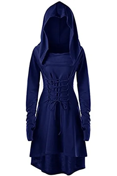 Womens Renaissance Costumes Hooded Robe Lace Up Vintage Pullover High Low Long Hoodie Dress
