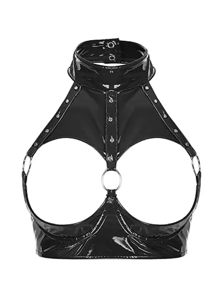 Choomomo Women PVC Leather Exposed 1/4 Cups Push Up Underwired Shelf Bra Top Strappy Everyday Bra - 8# Black - S