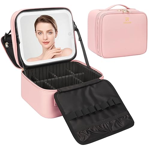 Relavel Makeup Bag with LED Mirror, Small Travel Makeup Case with Rechargeable Lighted Mirror 3 Color Lights, Double Layer Cosmetic Box Makeup Brush Lipstick Holder Organizer for Women, Pink - Double Layer-Pink - 1-Small