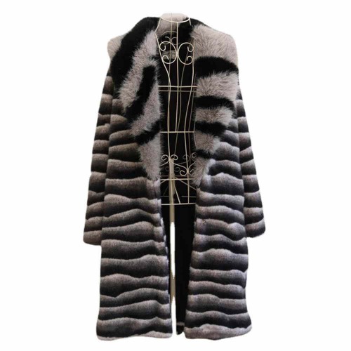 Leopard Print Faux Fur Lapel Long Coat - Black and White / S (Bust 98 cm)
