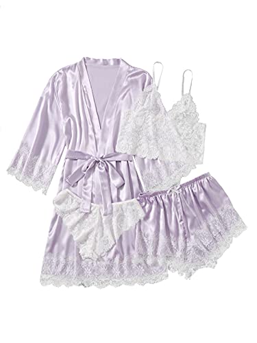 WDIRARA Women' Silk Satin Pajamas Set 4pcs Lingerie Floral Lace Cami Sleepwear with Robe - Medium - Light Purple
