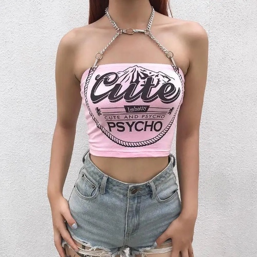 Cute & Psycho Chain Link Cropped Belly Shirt in Pink - Pink / L