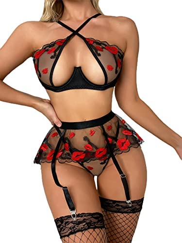 WDIRARA Women's Sexy Lips Print Criss Cross Lace Mesh Cut Out Garter Belt Lingerie Set with Stocking - Large Black