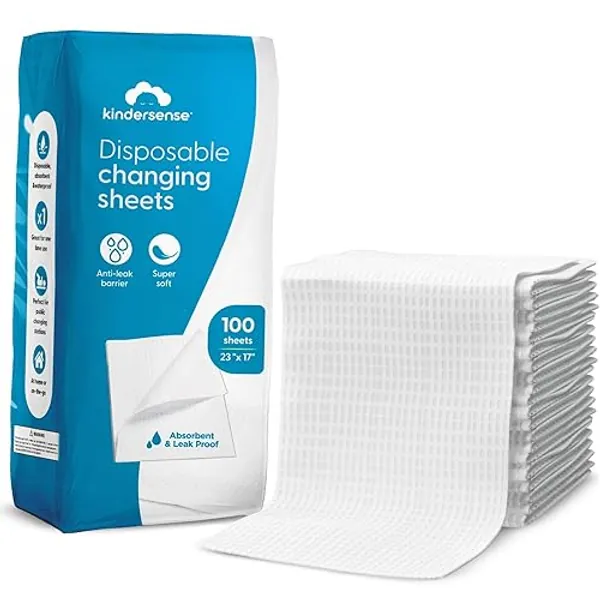 KinderSense® Disposable Changing Pads for Baby Diaper (100 Sheets) | Portable Changing Pad Liners (23" x 17.5") | Paper Top Layer - Waterproof Bottom Layer | Leak Proof Infant Changing Mat