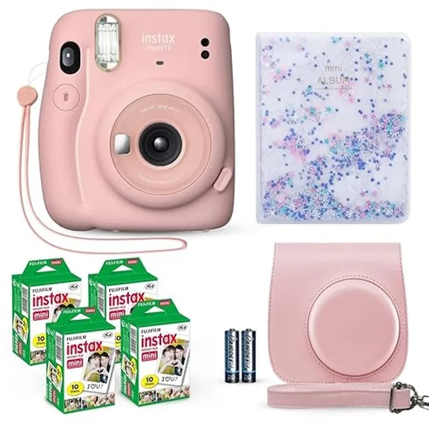 Fujifilm Instax Mini 11 Instant Camera Blush Pink + Fuji Film Value Pack (40 Sheets) + Shutter Accessories Bundle, Incl. Compatible Carrying Case, Quicksand Beads Photo Album 64 Pockets - Blush Pink