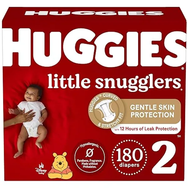 Huggies Size 2 Diapers, Little Snugglers Baby Diapers, Size 2 (12-18 lbs), 180 Ct (3 packs of 60), Packaging May Vary - Size 2 - 180
