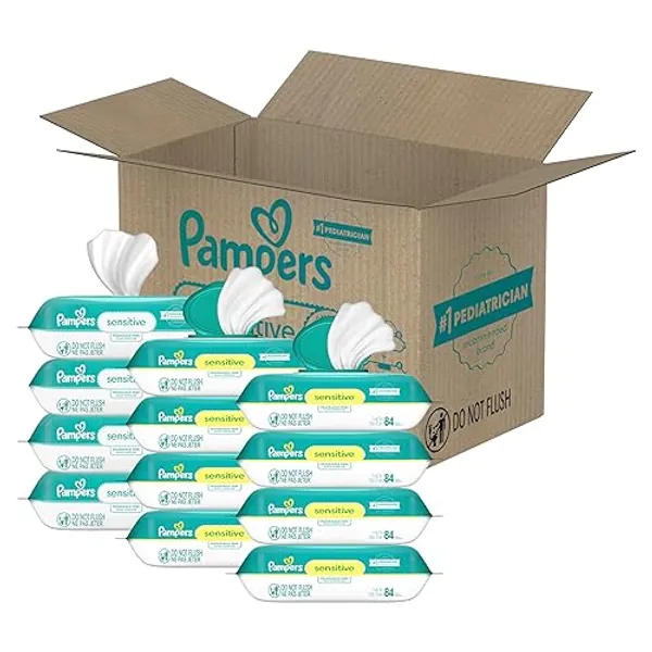 Pampers Sensitive Baby Wipes, Water Based, Hypoallergenic and Unscented, 8 Flip-Top Packs, 4 Refill Packs (1008 Wipes Total) - 84 Count (Pack of 12)