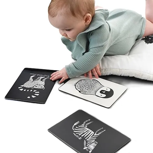Wee Gallery Black and White Animal Art Cards for Babies, Durable High Contrast Vision Cards, Brain Development Educational Learning Tool for Newborn, Infant, Baby, Toddler - Black and White Animals - Black and White Animals