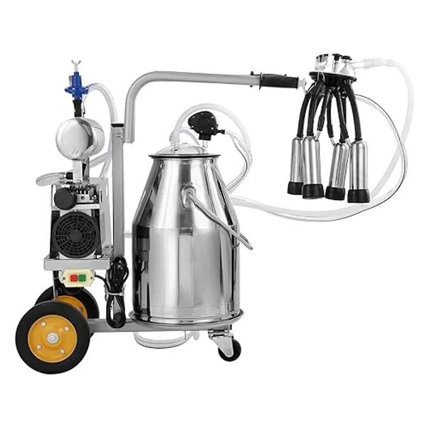 VEVOR Electric Cow Milking Machine, 6.6 Gal / 25 L 304 Stainless Steel Bucket, Automatic Pulsation Vacuum Milker, Portable Milker with Food-Grade Silicone Cups and Tubes, Adjustable Pressure - 25 L