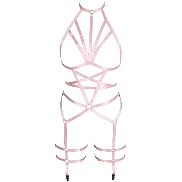 Women's Body Harness Set Carnival Garter Belt Elastic Hollow Top Bra Punk Gothic Photography Dance Costume 0038 - Pink