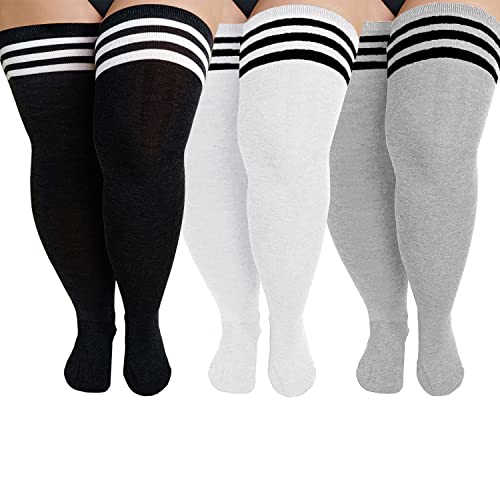 YELAIVP Plus Size Thigh High Socks Extra Large Stripe Over Knee High Stockings for Women - 3 Packs Black+white+grey(stripe)