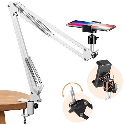 TARION Overhead Tripod Mount Articulating Arm Phone Holder Video Webcam Stand Lazy Arm Clamp Table Desktop Suspension Scissor Arm Stand (White) - White